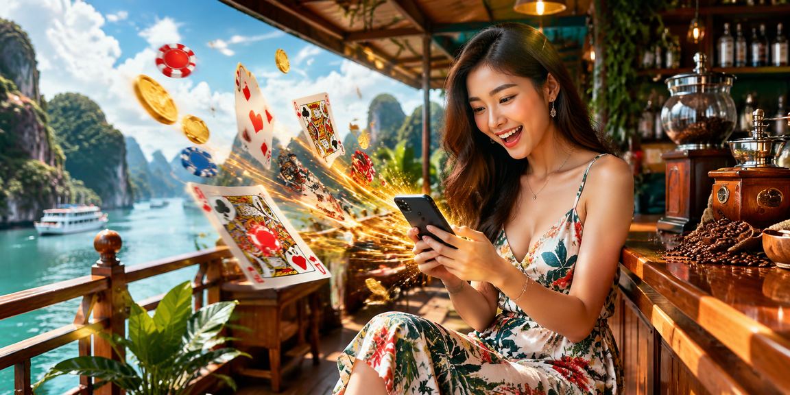 Người chơi thư giãn bên cà phê và tham gia xổ số online với khung cảnh Vịnh Hạ Long