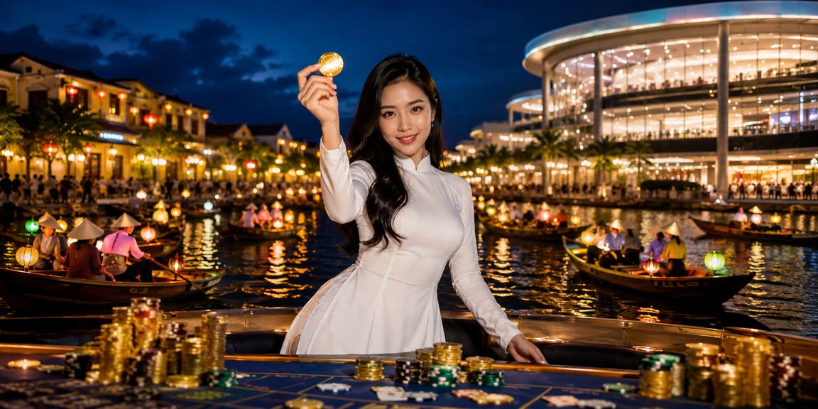 Người phụ nữ mặc áo dài tham gia trò chơi bài tại Hội An trong không khí lễ hội truyền thống