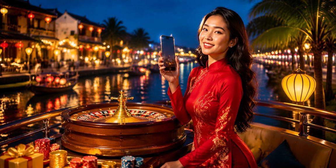 Phụ nữ mặc áo dài truyền thống tại Hội An trong không khí lễ hội xổ số và giải trí