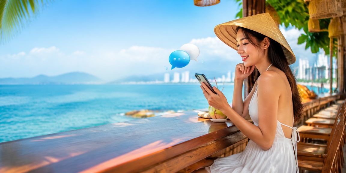 Người dùng đội nón lá truy cập casino di động tại Nha Trang dưới bóng mát ven biển